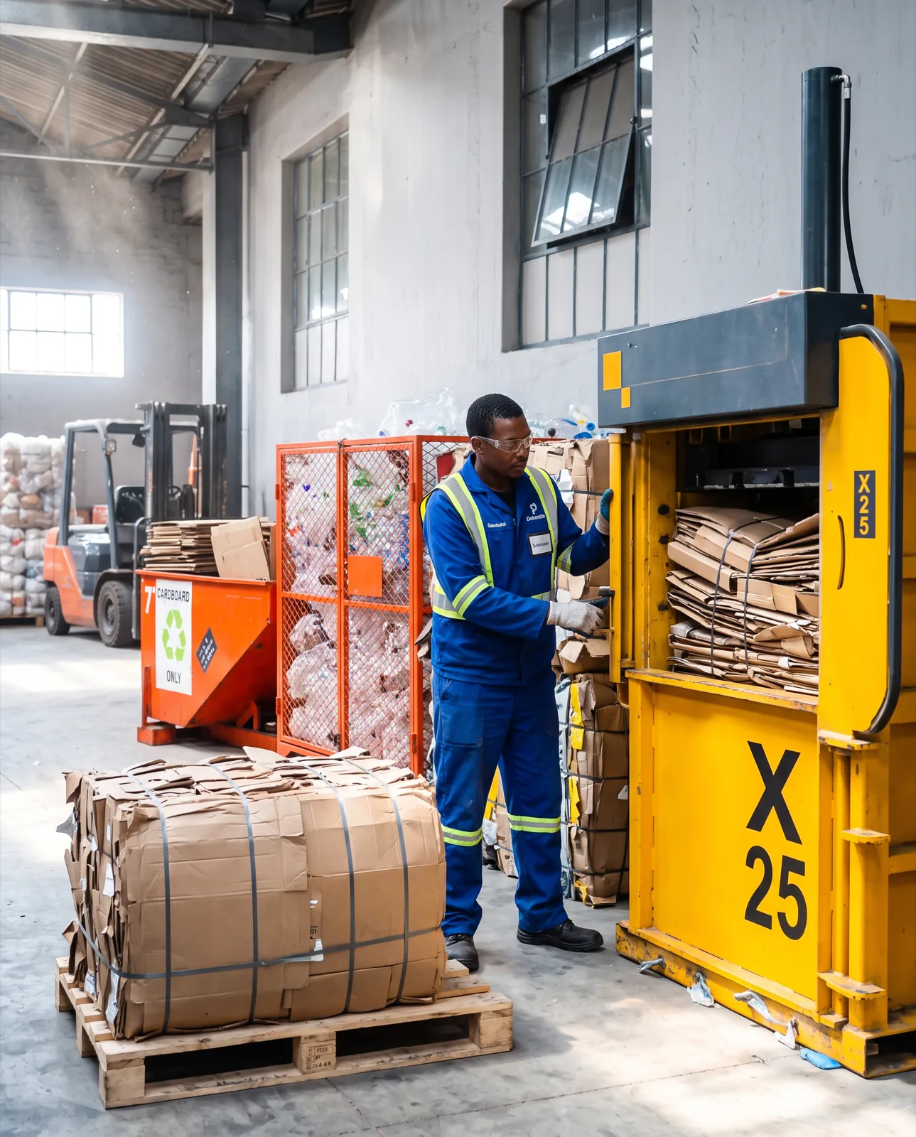 Dakenzie operator running the X25 baler at the recycling facility