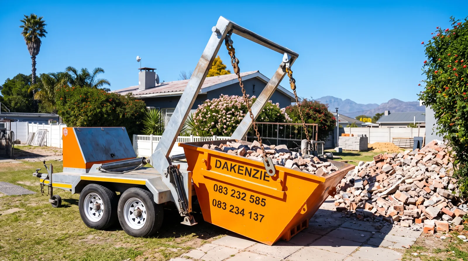 Dakenzie skip-loader trailer delivering a rubble skip at a Winelands home