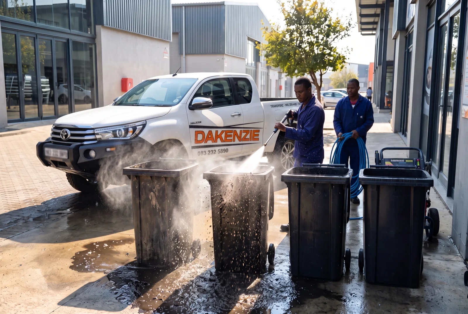 Commercial pressure washing of wheelie bins at a Winelands premises