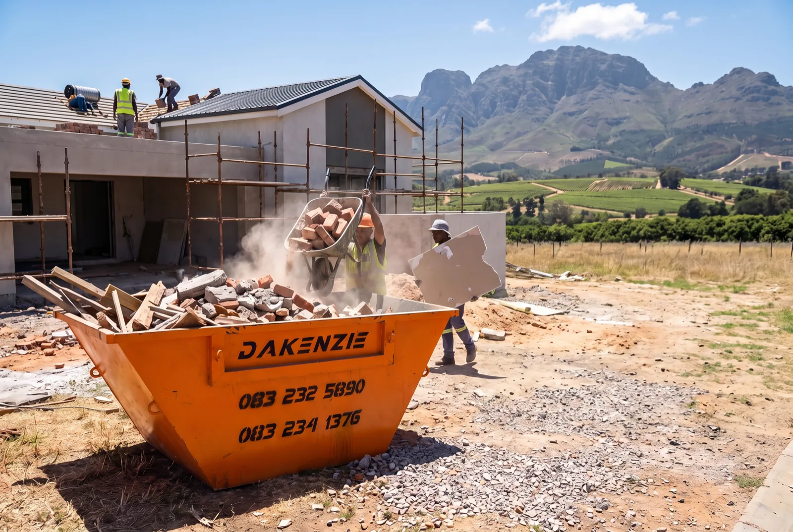 Dakenzie skip and mesh cage placed on a Winelands building site