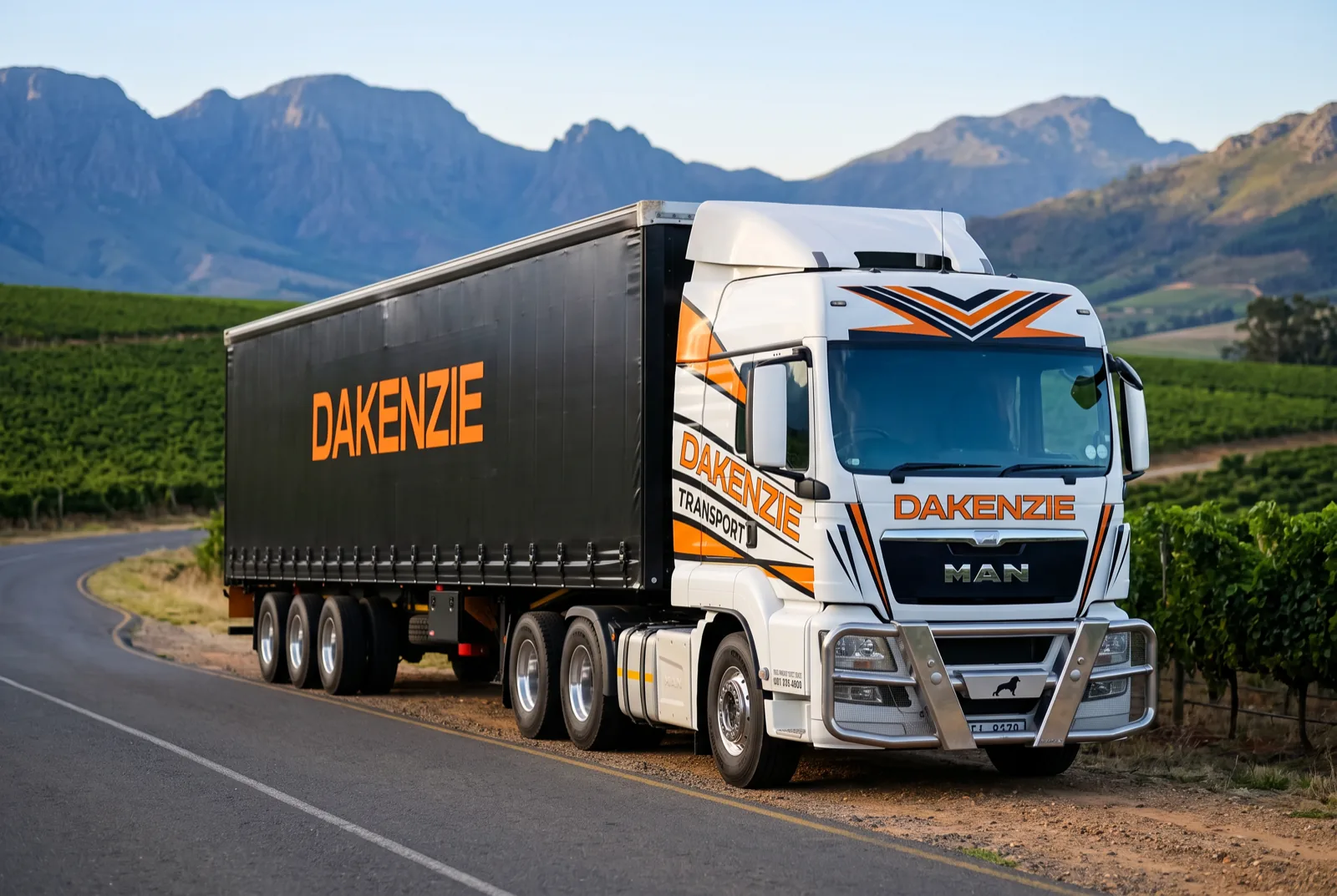 Dakenzie transport rig hauling product through the Cape Winelands